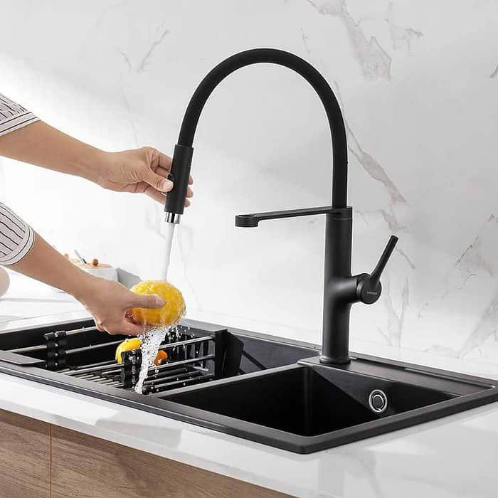 Matte black gooseneck kitchen faucet with pull out sprayer - stream function - K542 02