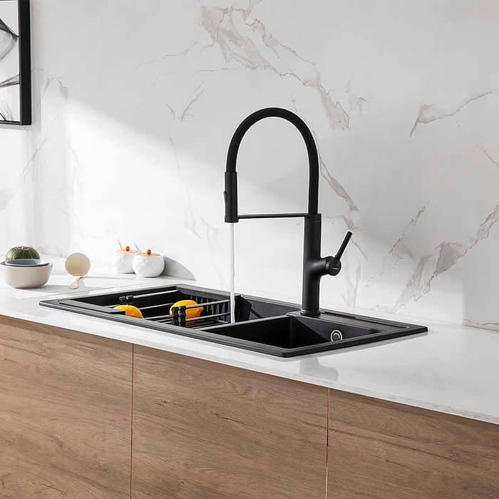 Matte black gooseneck kitchen faucet with pull out sprayer -spray- K542 02