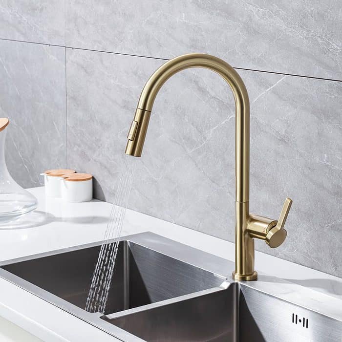 Brushed gold high arc kitchen faucet with sprayer - K655 01 30 1