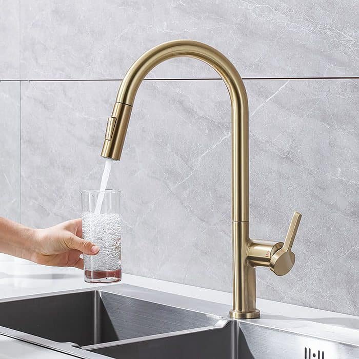 Brushed gold high arc kitchen faucet with sprayer - stream function - K655 01 30 1