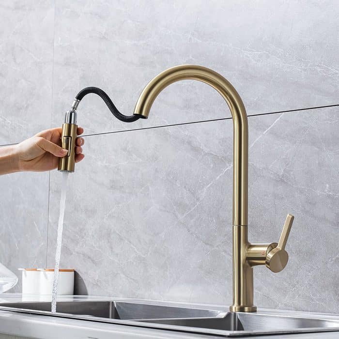 Brushed gold high arc kitchen faucet with sprayer - stream function - K655 01 30 1 -1