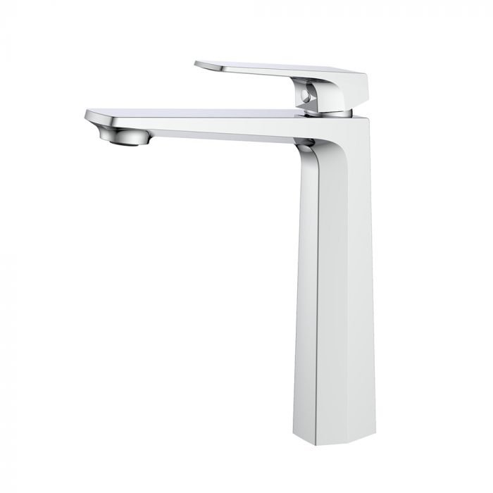 Single hole modern tall basin tap - Kelsie bathroom collection - chrome finish - white background - B043 02 01 1