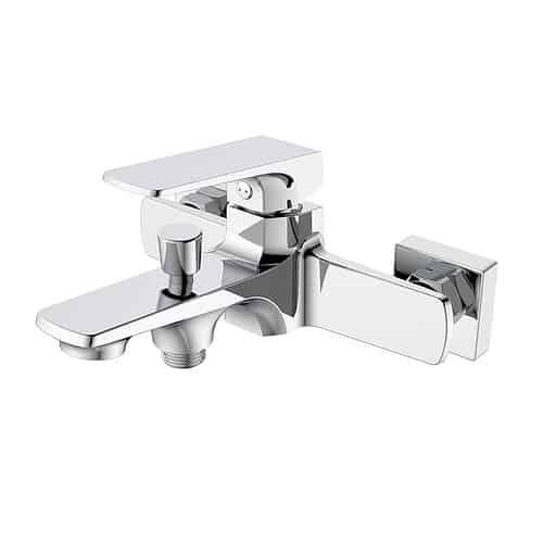 Geometric style exposed bathroom shower mixer with tub spout - Kelsile bathroom collection - chrome finish - white background - SO043 12 01 1