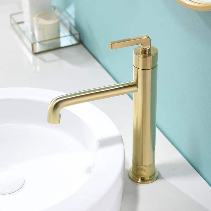 Brushed gold tall bathroom sink tap with knurled - B072 02 30 1