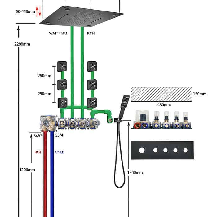 Square LED concealed thermostatic shower - SC748 24 45 1 - gunmetal - plumbing drawing