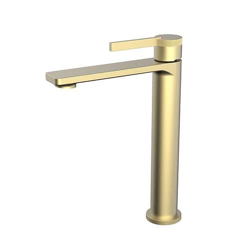 Tall sink tap for bathroom with gold finish